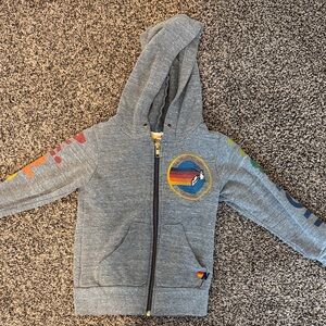 Aviator Nation Gray Hoodie with Colorful Sleeve Stripes